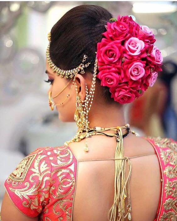 Indian Bridal Updo Bun with Flower Decorations