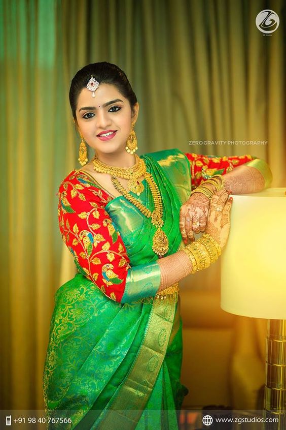 green silk saree with red blouse