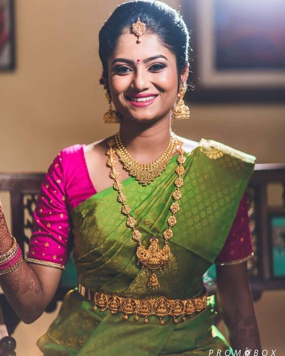 pink blouse with green silk saree 