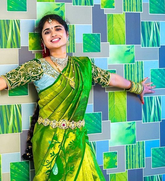 green saree with net blouse