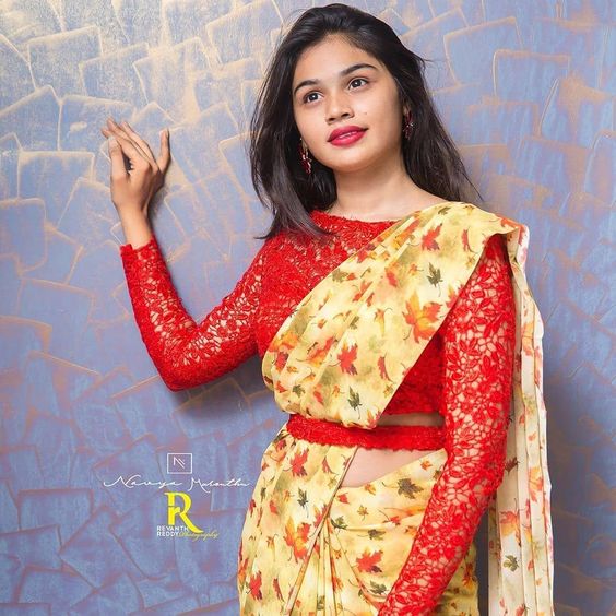 red Long Sleeve blouse with floral print saree