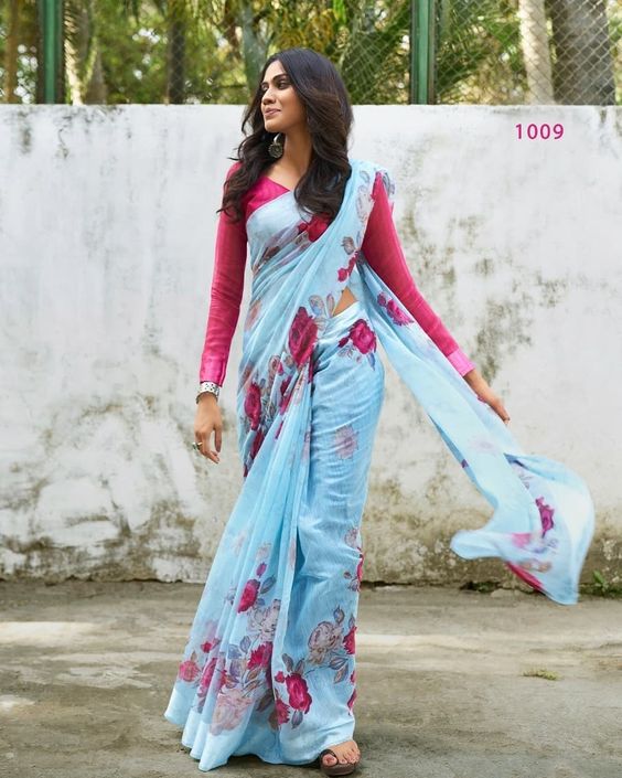 Long Sleeve blouse with floral print saree