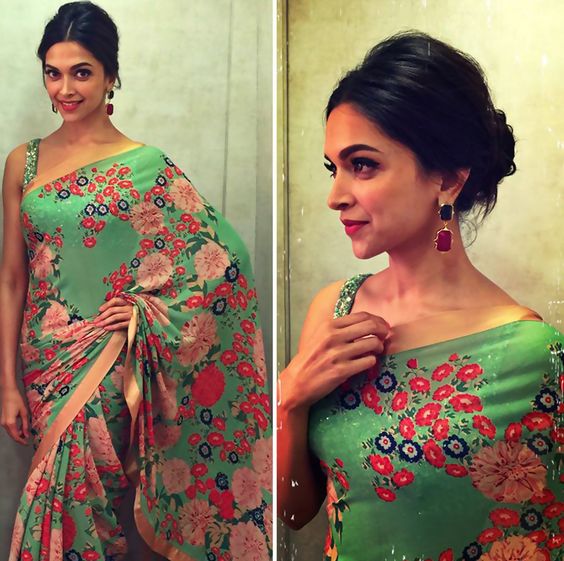 deepika actress in Sleeveless blouse with Beautiful Floral print saree