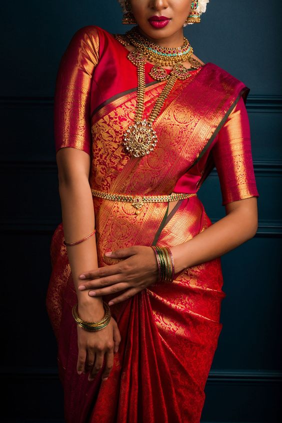 red silk saree with red blouse