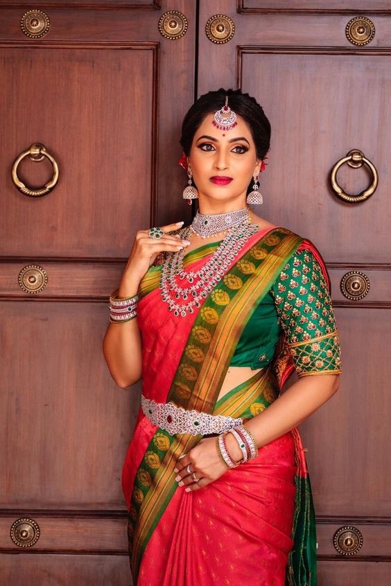 red saree with green blouse