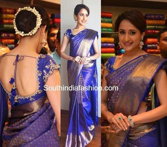 actress in blue pattu saree