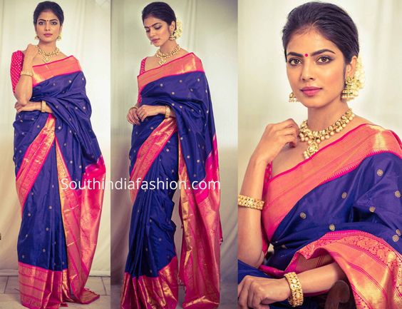 30 Contrast Blouse Designs For Blue Silk Saree - Candy Crow
