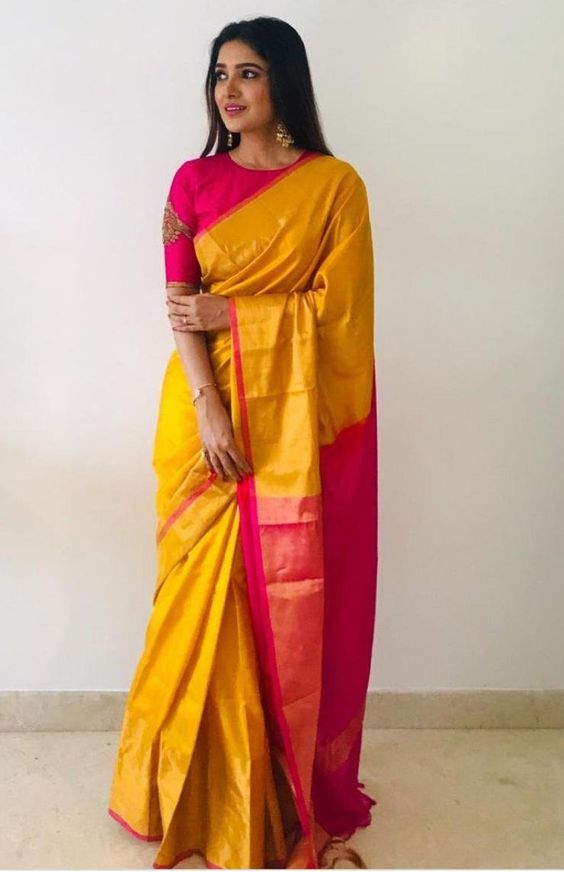 yellow saree pink blouse